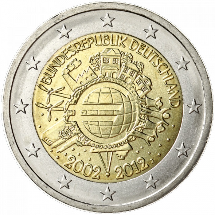 Piemiņas 2 eiro monēta par godu euro banknošu un monētu 10. gadadienai, 2012. gads