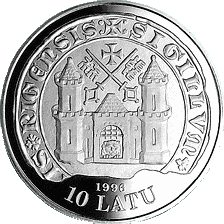 Latvijas sudraba jubilejas 10 latu monēta veltīta XV gadsimta Rīgai, 1996. gads (averss)