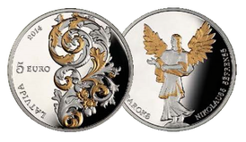 Latvijas sudraba 5 eiro monēta Kurzemes baroks