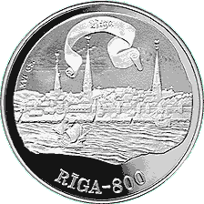 Latvijas sudraba jubilejas 10 latu monēta veltīta XVI gadsimta Rīgai, 1996. gads (reverss)