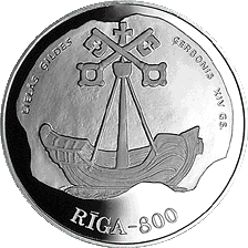 Latvijas sudraba jubilejas 10 latu monēta veltīta XIV gadsimta Rīgai, 1996. gads (reverss)