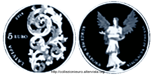 Sudraba 5 eiro monēta veltīta Kurzemes barokam