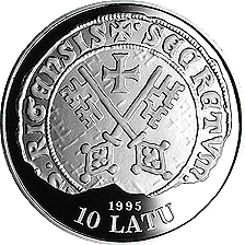 Latvijas sudraba jubilejas 10 latu monēta veltīta XIV gadsimta Rīgai, 1996. gads (averss)