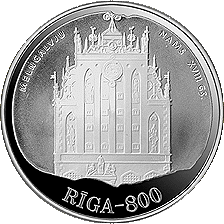Latvijas sudraba jubilejas 10 latu monēta veltīta XVIII gadsimta Rīgai, 1997. gads (reverss)