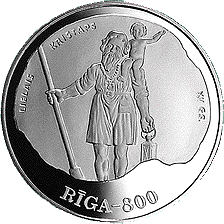 Latvijas sudraba jubilejas 10 latu monēta veltīta XV gadsimta Rīgai, 1996. gads (reverss)