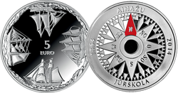 Latvijas 5 eiro monēta Ainažu jūrskola