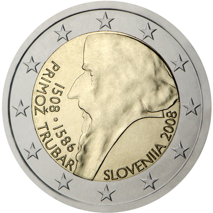 Slovēnija 2 eiro piemiņas monēta Primoža Trubara (Primož Trubar) 500 gadu jubileja, 2008. gads