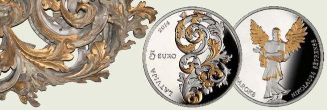 Latvijas sudraba 5 eiro monēta Kurzemes baroka, 2014. gads