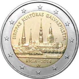 Latvijas 2 eiro piemiņas monēta Rīga Eiropas kultūras galvaspilsēta 2014