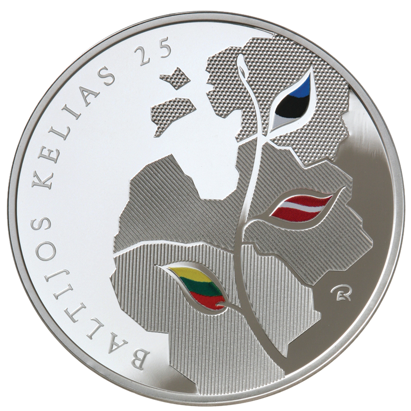 Lithuanian 50 litu silver coin to commemorate the 25th anniversary of the Baltic Way