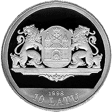 Latvijas sudraba jubilejas 10 latu monēta veltīta XX gadsimta Rīgai, 1998. gads (averss)