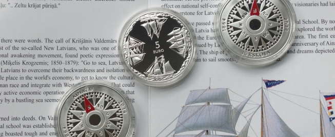 Latvian 5 euro coin Ainazu Nautical School, year 2014