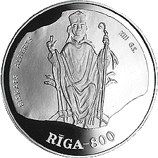 Latvijas sudraba jubilejas 10 latu monēta veltīta XIII gadsimta Rīgai, 1996. gads (reverss)