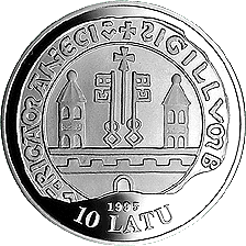 Latvijas sudraba jubilejas 10 latu monēta veltīta XIII gadsimta Rīgai, 1996. gads (averss)