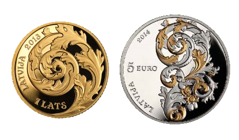 Latvijas 5 eiro monēta Kurzemes baroka 2014