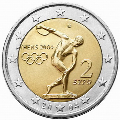 Grieķija piemiņas 2 eiro monēta veltot to 28. Olimpiskām spēlēm Atēnās 2004. gadā.