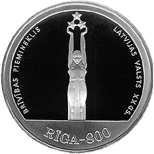 Latvijas sudraba jubilejas 10 latu monēta veltīta XX gadsimta Rīgai, 1998. gads (reverss)