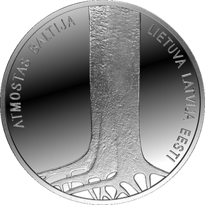 Latvijas sudraba 5 eiro monēta Baltijas ceļš 25. gadu jubileja (reverss)