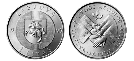 1 litas coin, dedicated to the 10th Anniversary of the Baltic Way