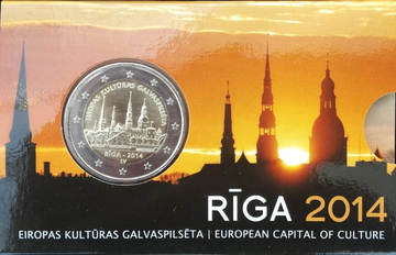 Latvijas 2 eiro piemiņas monēta Rīga suvenīriesaiņojumā BU kvalitāte
