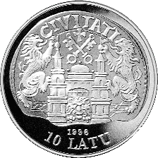 Latvijas sudraba jubilejas 10 latu monēta veltīta XVI gadsimta Rīgai, 1996. gads (averss)