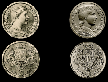Latvijas sudraba 5 Lati monētas pirmasi dizains