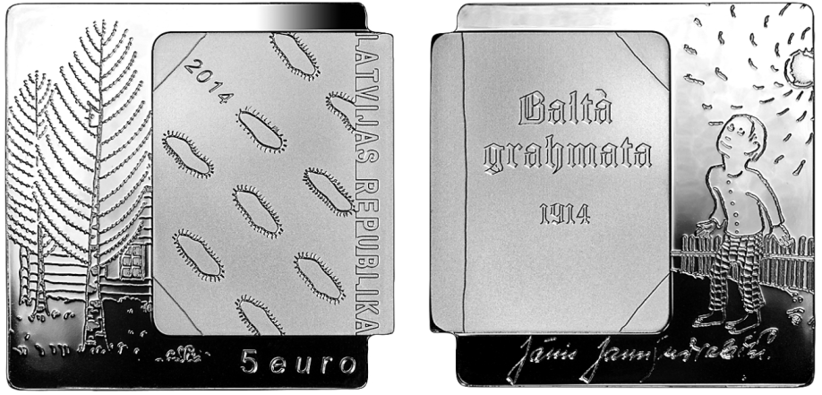 Latvian silver 5 euro coin The White Book Jaunsudrabins