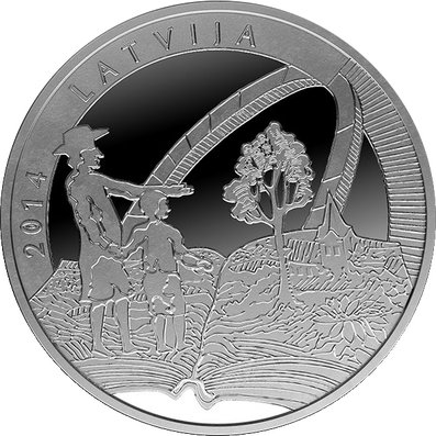 Latvijas sudraba 5 eiro monēta Vecais Stenders (averss)