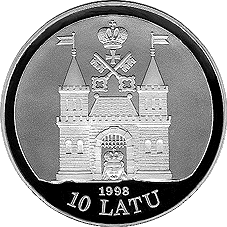 Latvijas sudraba jubilejas 10 latu monēta veltīta XIX gadsimta Rīgai, 1998. gads (averss)