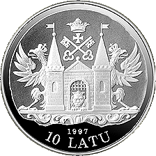 Latvijas sudraba jubilejas 10 latu monēta veltīta XVIII gadsimta Rīgai, 1997. gads (averss)