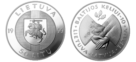 50 litas coin issued to mark the 10th Anniversary of the Baltic Way