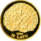 zelta 10 Latu monēta Rīga-800, XIV gadsimta Rīga