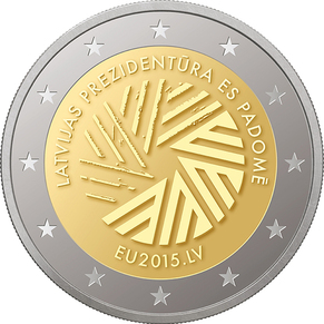 Latvijas piemiņas 2 eiro monēta Latvijas prezidentūra Eiropas Savienibas Padomē 2015